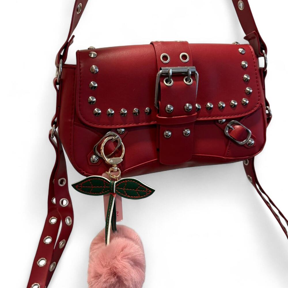 Y2K studded red faux leather shoulder bag with buckle flap